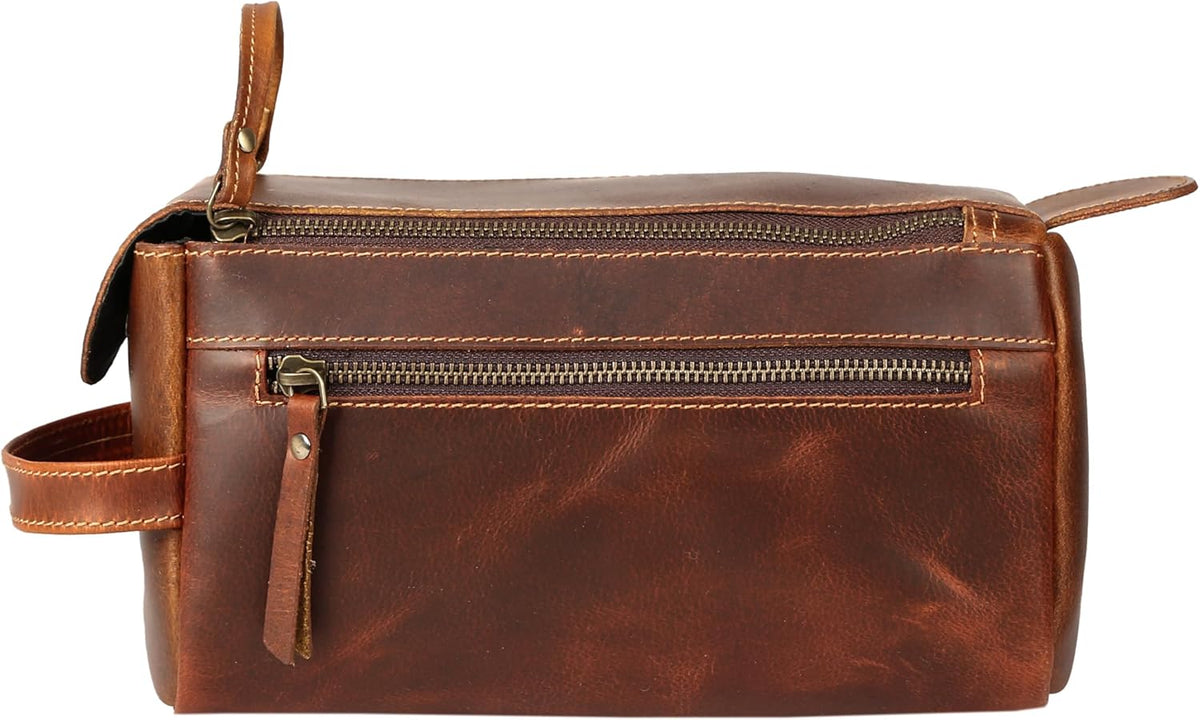 Premium Buffalo Leather Unisex Toiletry Bag Travel Dopp Kit Shaving kit (Distressed Tan) - PuriLite
