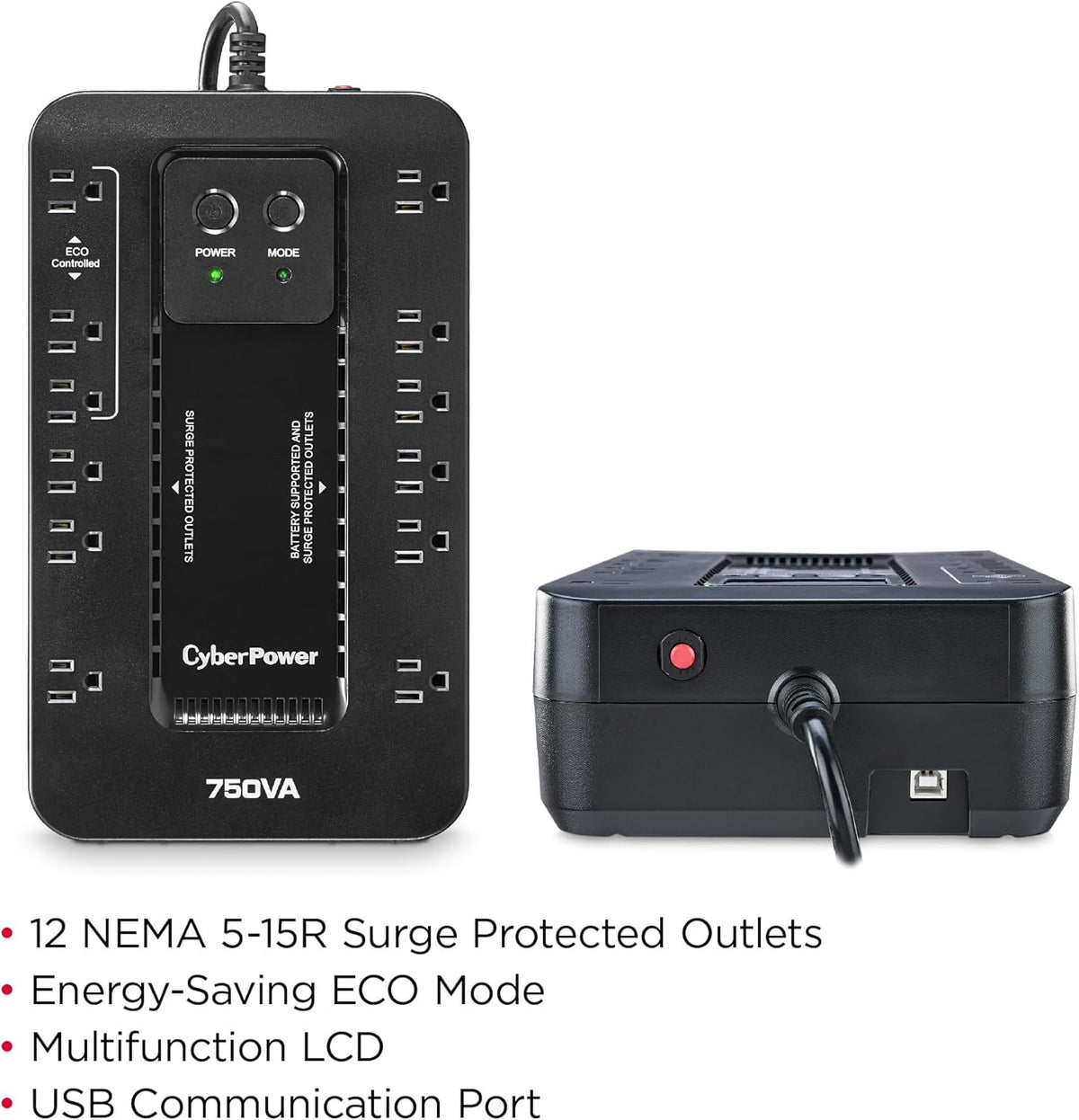 CyberPower EC850LCD Ecologic Battery Backup & Surge Protector UPS System, 850VA/510W, 12 Outlets, ECO Mode, Compact, Uninterruptible Power Supply - PuriLite