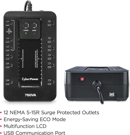 CyberPower EC850LCD Ecologic Battery Backup & Surge Protector UPS System, 850VA/510W, 12 Outlets, ECO Mode, Compact, Uninterruptible Power Supply - PuriLite