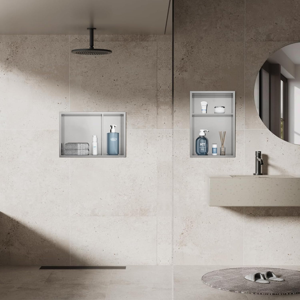 MENATT No Tile Shower Niche, Stainless Steel Wall Niche 13"X19"(Inner Size 12"X18"), Two-Tier Bathroom Shelf, NO Tile Needed Recessed Niche Shower for Bathroom Storage, Black - PuriLite