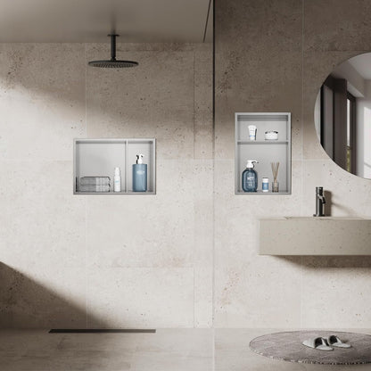MENATT No Tile Shower Niche, Stainless Steel Wall Niche 13"X19"(Inner Size 12"X18"), Two-Tier Bathroom Shelf, NO Tile Needed Recessed Niche Shower for Bathroom Storage, Black - PuriLite