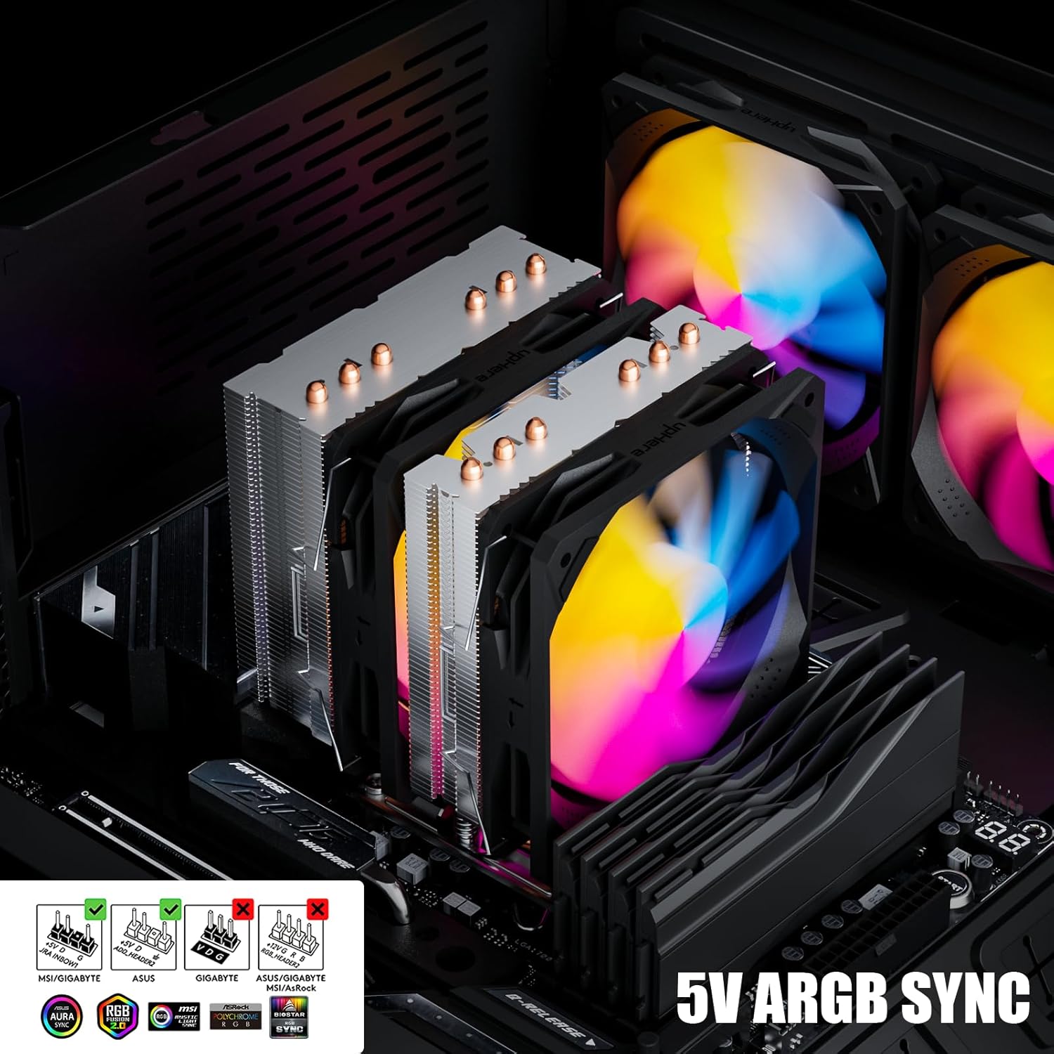 upHere D6SEC CPU Cooler, Intel LGA2011,LGA2066, LGA1700,AMD AM5/AM4/Ryzen 120mm,Dual Towers,5V ARGB - PuriLite