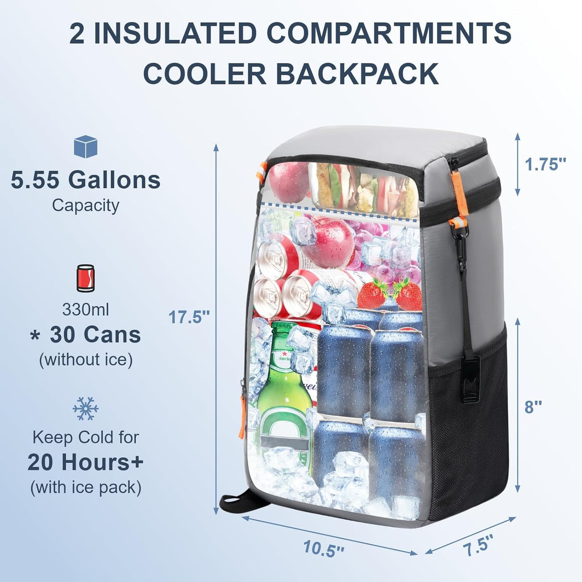SPARTER Backpack Cooler Insulated Leak Proof 33/49 Cans, 2 Insulated Compartments Thermal Bag, Portable Lightweight Beach Travel Camping Lunch Backpack for Men and Women - PuriLite