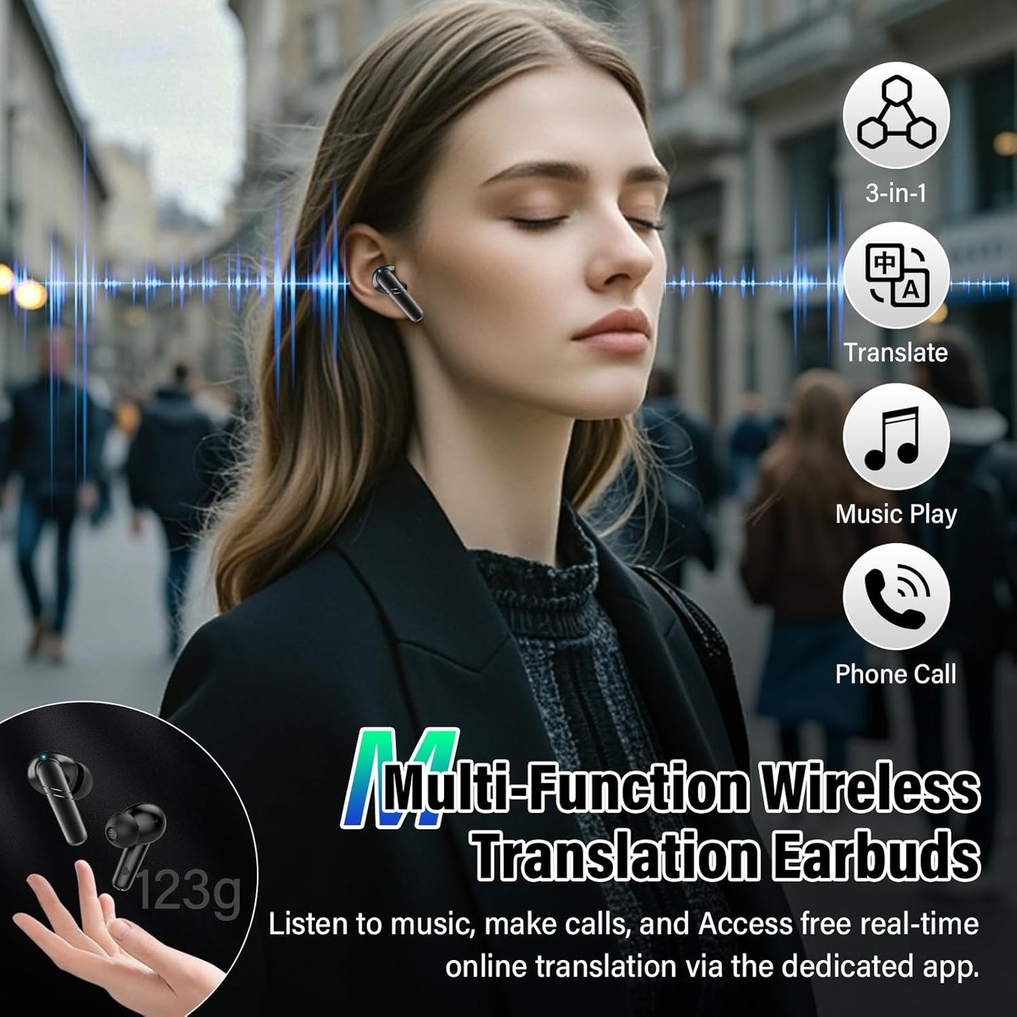 AI Translation Earbuds Real Time, 3-in-1 Language Translator Earbuds for 144 Languages & Accents Online Translation, 48H translate Earbuds with Bluetooth & APP for Travel/Business/Learning, Black - PuriLite