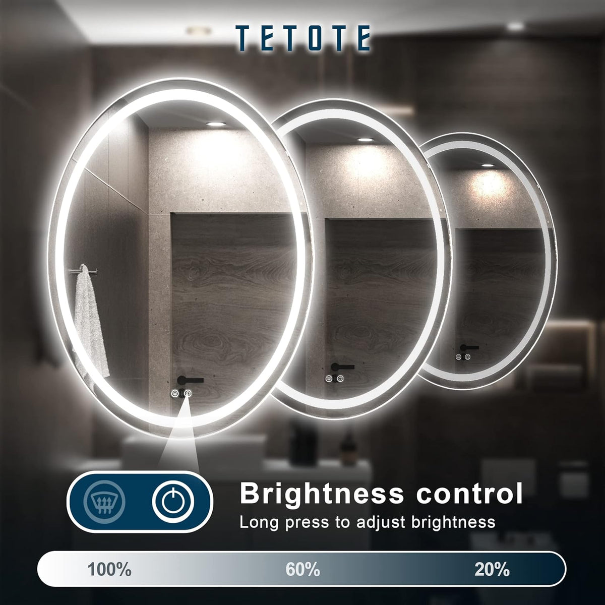 TETOTE 28 Inch Round LED Bathroom Vanity Mirror, Anti-Fog Dimmable Lights IP54 Waterproof Circle Makeup Wall Mounted Mirror - PuriLite