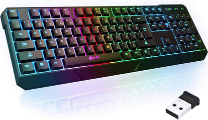 KLIM  Chroma Wireless Gaming Keyboard RGB New - Long-Lasting Rechargeable Battery - Quick and Quiet Typing - Water Resistant Backlit Wireless Keyboard for PC PS5 PS4 Mac - Black - PuriLite
