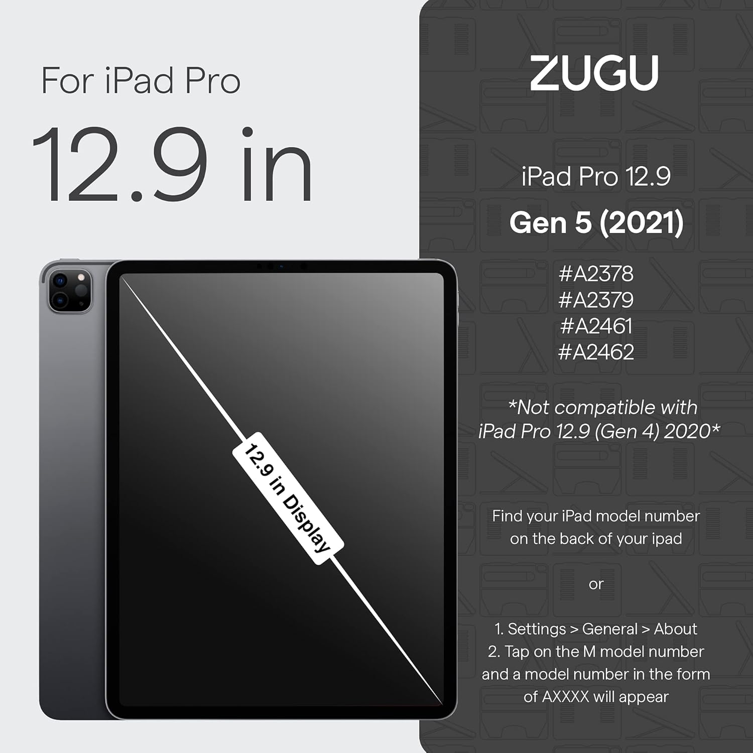 ZUGU iPad Pro 12.9 Case 2022/2021 6th & 5th Generation - Ultra Slim Protective Cover - Wireless Apple Pencil Charging - Convenient 10-Angle Magnetic Stand & Auto Sleep/Wake [ Black ] - PuriLite