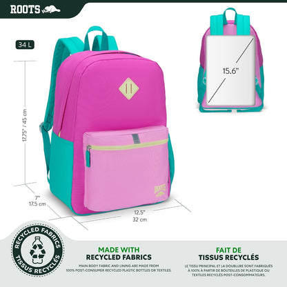 Roots Teen Lightweight Backpack — Made from Recycled Polyester with 15.6" Laptop Compartment, Rain Flap, Bottle Pocket, Reflective Accent, and Back Padding — 34L, Black - PuriLite