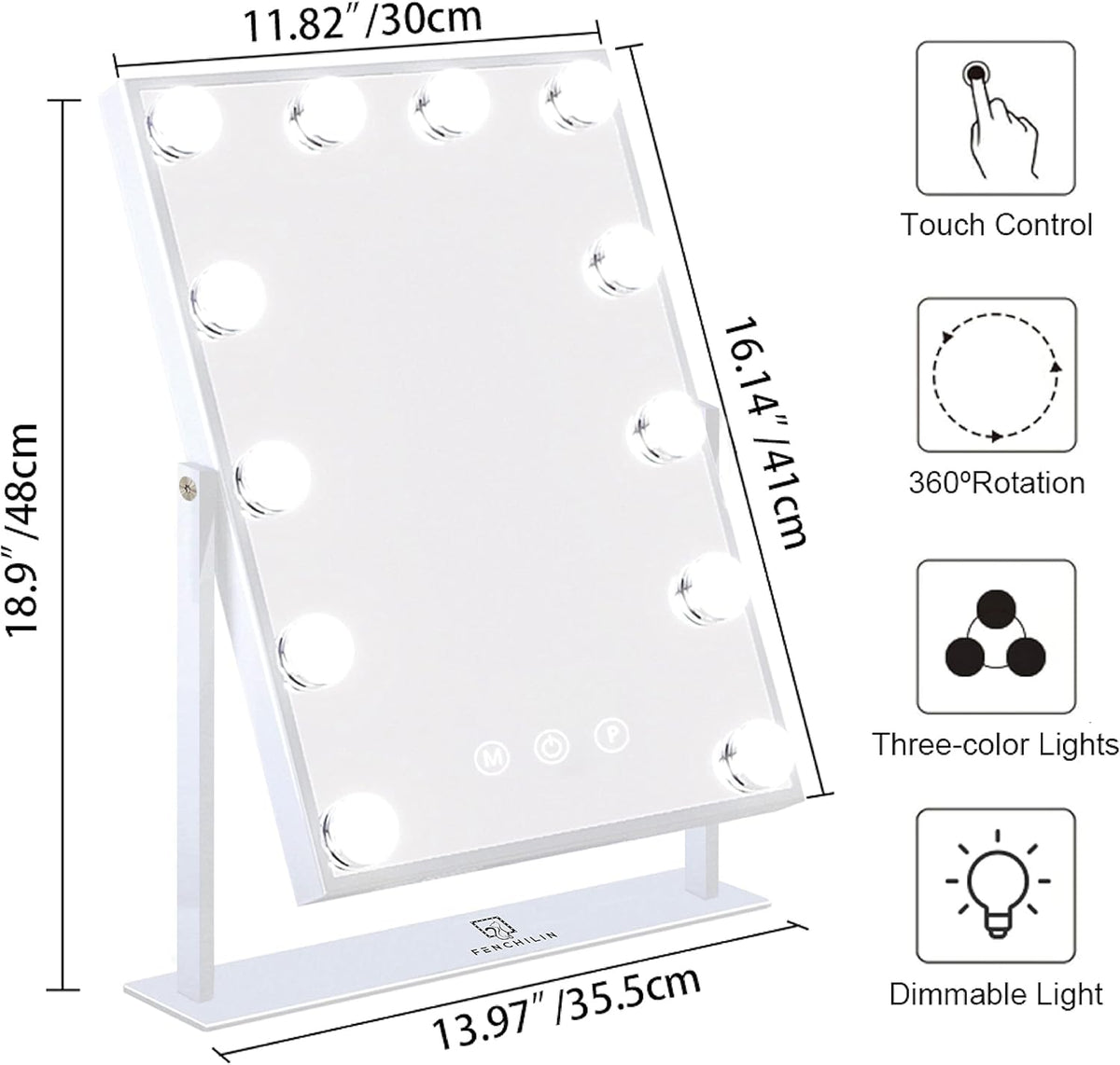 FENCHILIN Lighted Makeup Mirror Hollywood Mirror Vanity Makeup Mirror with Light Smart Touch Control 3Colors Dimmable Light Detachable 10X Magnification 360°Rotation(White) - PuriLite
