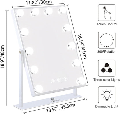 FENCHILIN Lighted Makeup Mirror Hollywood Mirror Vanity Makeup Mirror with Light Smart Touch Control 3Colors Dimmable Light Detachable 10X Magnification 360°Rotation(White) - PuriLite