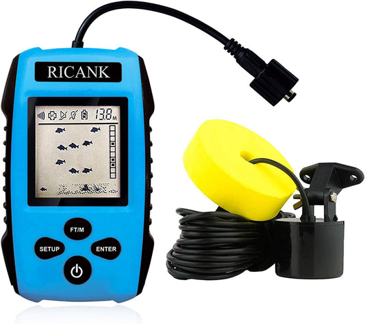 RICANK Portable Fish Finder, Handheld Fish Depth Finder Contour Readout Fishfinder Ice Kayak Shore Boat Fishing Fish Detector Device with Sonar Sensor Transducer and LCD Display Gear Fish Depth Finder - PuriLite