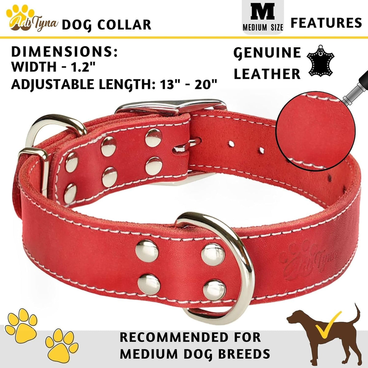 ADITYNA Heavy-Duty Leather Dog Collar for Medium Dogs - Soft and Strong, 100% Genuine Leather - Collier Pour Chien (Medium: Fit 13" - 20" Neck, Brown) - PuriLite