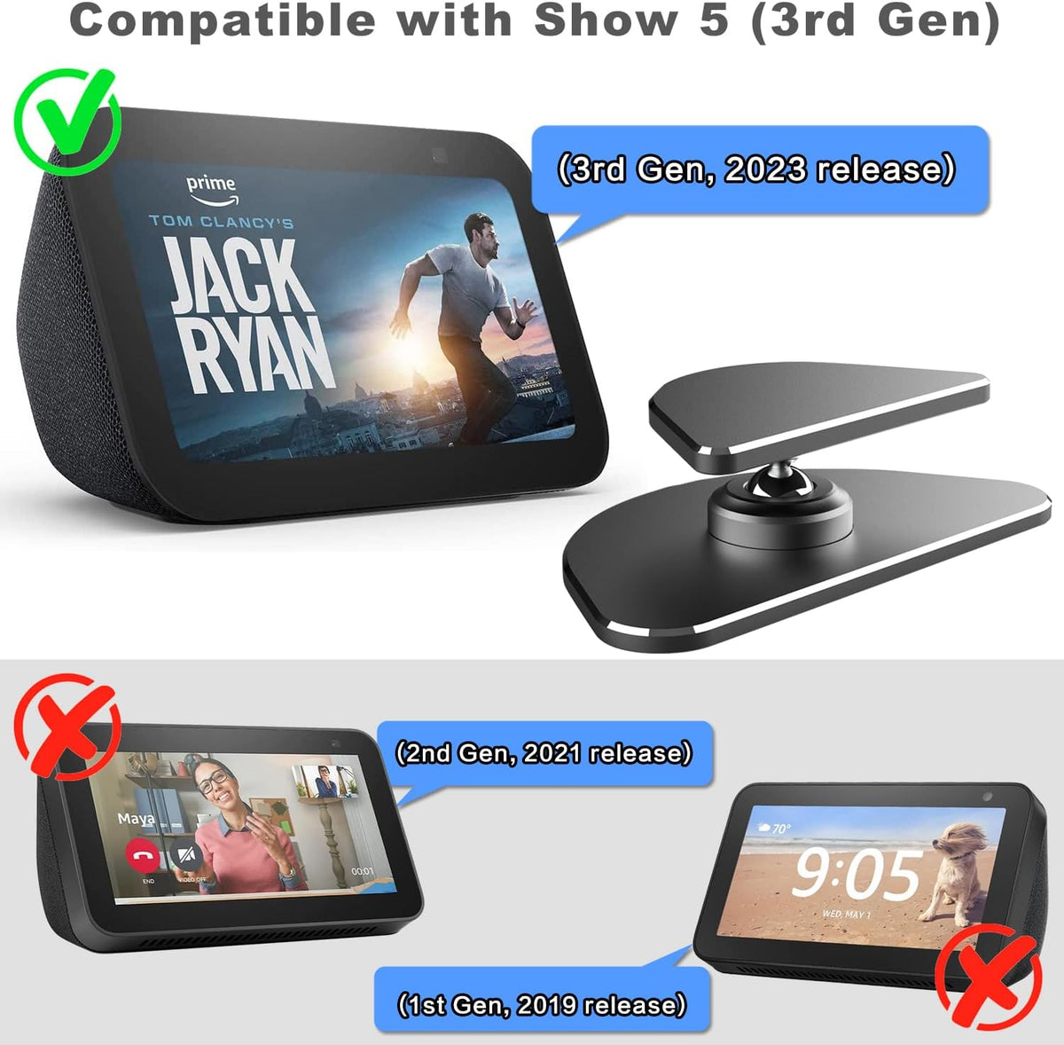 ezbnb Adjustable Stand for Echo Show 5 (3rd Gen), Aluminum Smart Display Stand with Strong Magnetic, Full Anti-Slip Base, Tilt + Swivel, Compatible with Show 5 (3rd Gen)& iPhone 14 - PuriLite
