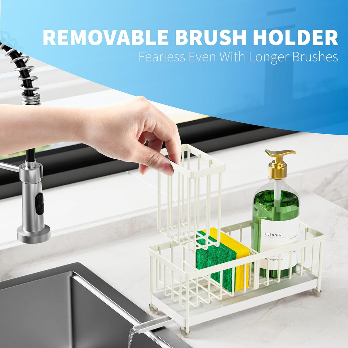 Cisily Sponge Holder for Kitchen Sink, Sink Caddy with High Brush Holder, Organzier Rustproof 304 Stainless Steel Dish Organizer Divider, Soap Dispenser Storage (Black) - PuriLite
