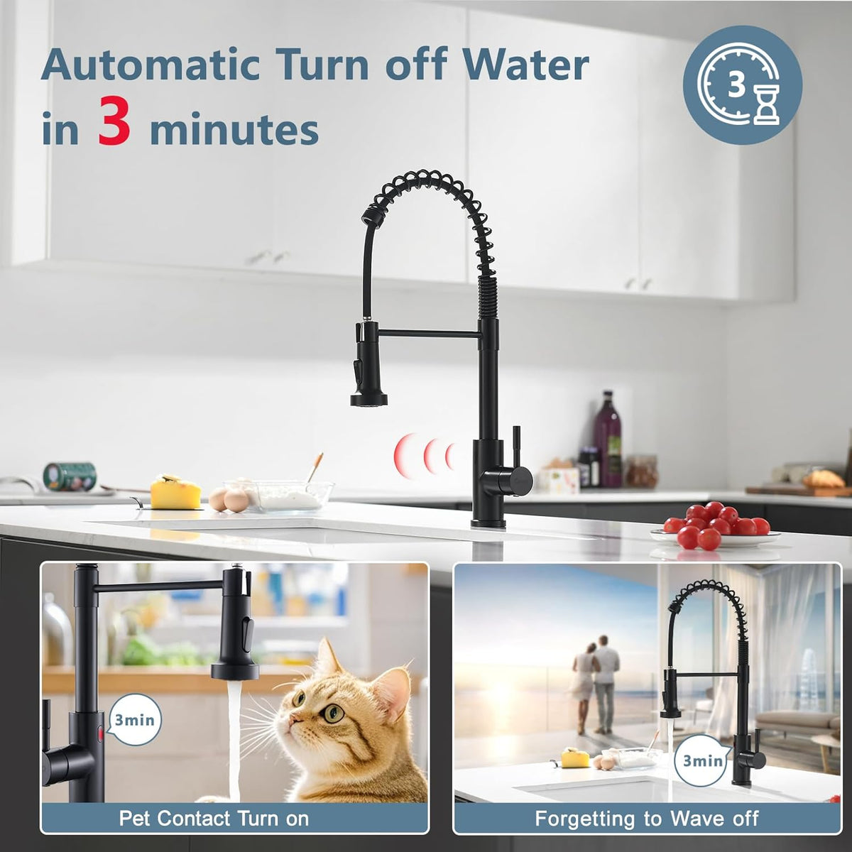 GIMILI Matte Black Kitchen Faucet with LED Light,Single Hole Spring Kitchen Sink Faucet with Pull Down Sprayer - PuriLite