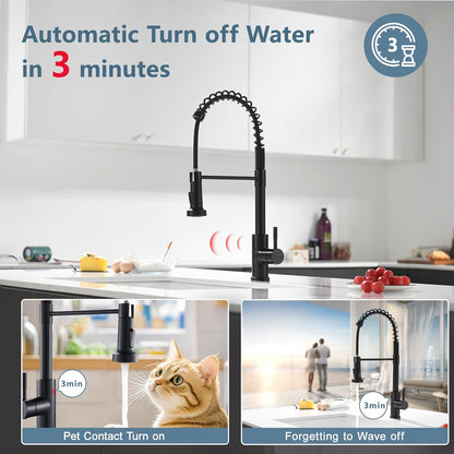 GIMILI Matte Black Kitchen Faucet with LED Light,Single Hole Spring Kitchen Sink Faucet with Pull Down Sprayer - PuriLite
