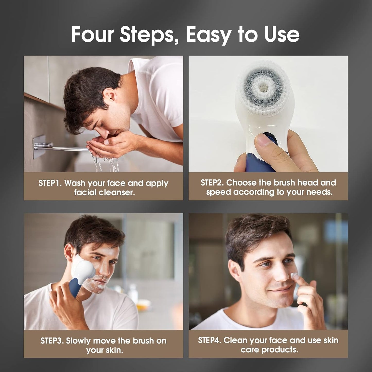 Facial Cleansing Brush Electric Facial Exfoliating Massage Brush with 3 Cleanser Heads and 2 Speeds Adjustable for Deep Cleaning, Removing Blackhead, Face Massaging - PuriLite