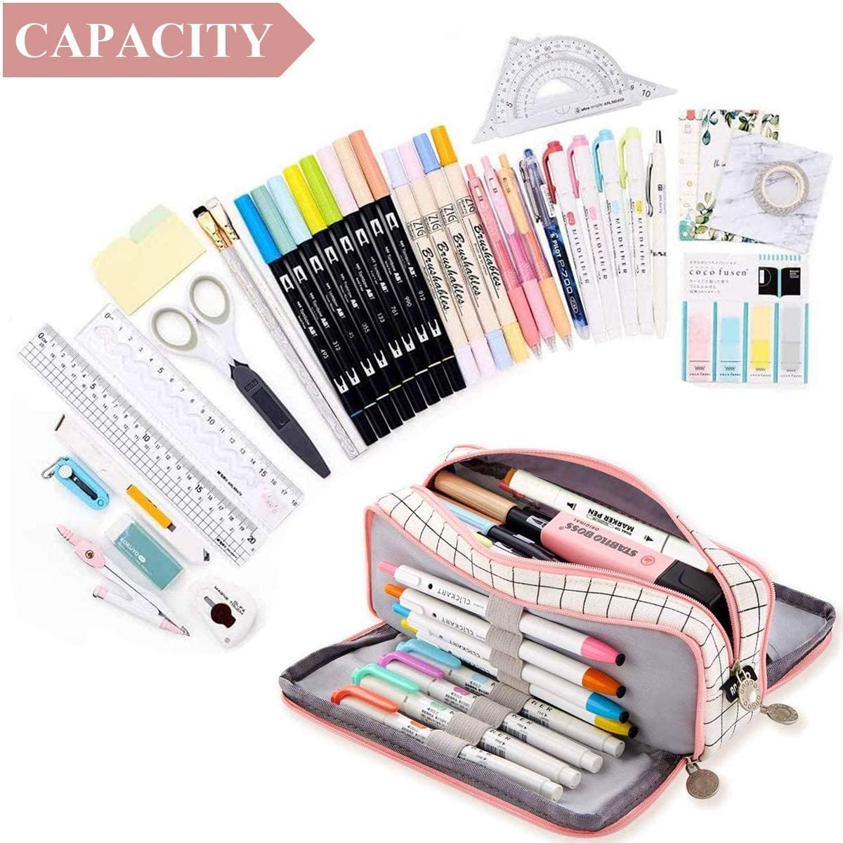 Big Capacity Pencil Case, OLIYuMi 3 Compartment Pencil Pouch Pencil Bag Storage Box Stationery Organizer Makeup Bag with Zipper Closure for Student Office College Boys and Girls (Pink) - PuriLite