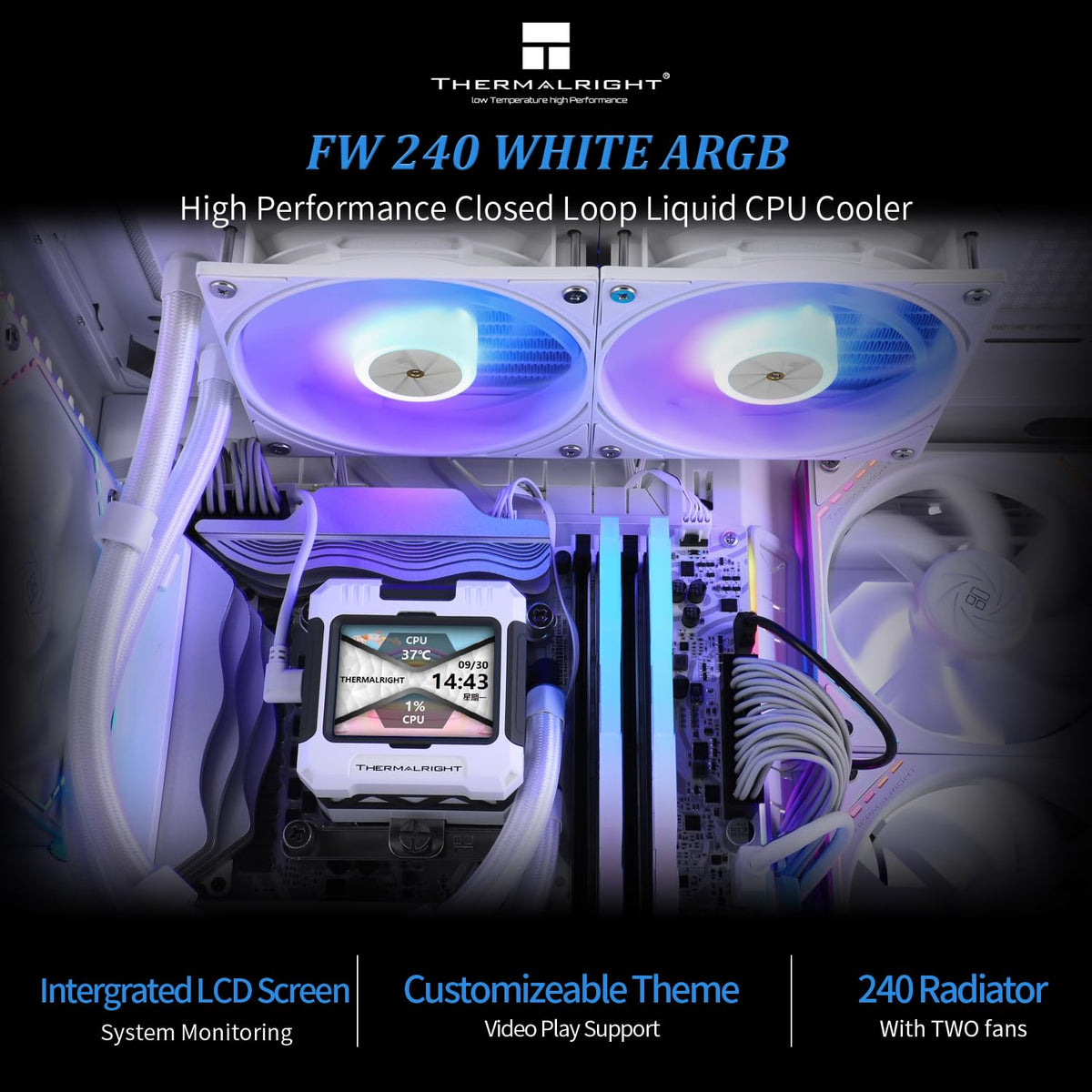 Thermalright FW 360 Black ARGB-360mm AIO CPU Liquid Cooler,IPS LCD Screen with 320 * 240 Resolution,for AM5/Intel LGA1700,‘2.4 inch’Magnet-Absorbent LCD Screen for Images -Black - PuriLite