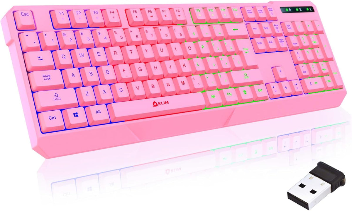 KLIM  Chroma Wireless Gaming Keyboard RGB New - Long-Lasting Rechargeable Battery - Quick and Quiet Typing - Water Resistant Backlit Wireless Keyboard for PC PS5 PS4 Mac - Black - PuriLite