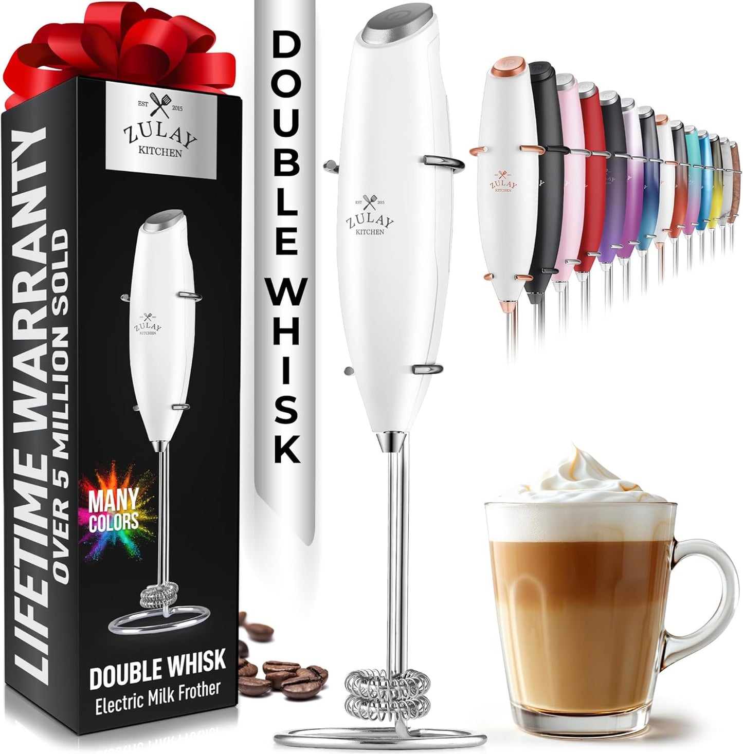 Zulay Kitchen Powerful Double Whisk Milk Frother Handheld - Foam Maker with Stand - Whisk Drink Mixer for Coffee, Mini Foamer for Latte, Matcha, Frappe, Hot Chocolate & Cappuccino (Black) - PuriLite
