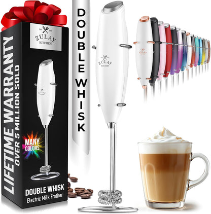 Zulay Kitchen Powerful Double Whisk Milk Frother Handheld - Foam Maker with Stand - Whisk Drink Mixer for Coffee, Mini Foamer for Latte, Matcha, Frappe, Hot Chocolate & Cappuccino (Black) - PuriLite