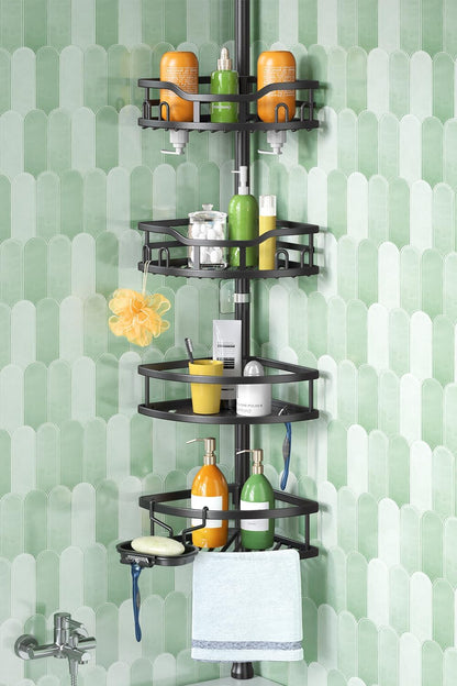 HAMITOR Corner Shower Caddy Tension Pole: High Capacity 4-Tier Rustproof Bathroom Organizer Shelves for Small Bathrooms - 47-121 inch Adjustable Floor Standing Bath Rack Holder - Black - PuriLite