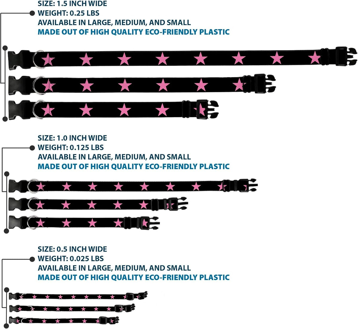 Buckle-Down PC-W21909-M Dog Collar Plastic Clip Buckle, 1"x11"-17", Star Black/White - PuriLite