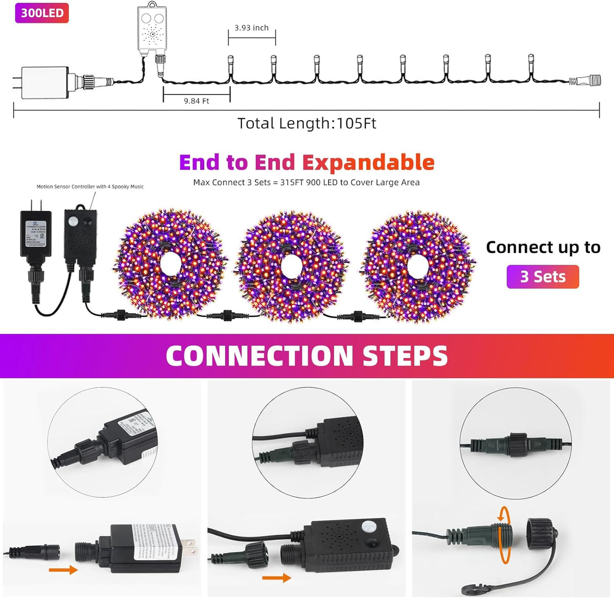 Tcamp 105FT 300 LED Purple Orange Halloween Decorations Lights Motion Activated Sync with 4 Scary Music, 6 Modes Halloween String Lights for Party Yard Outdoor Indoor Decor (3 Sets Connectable) - PuriLite