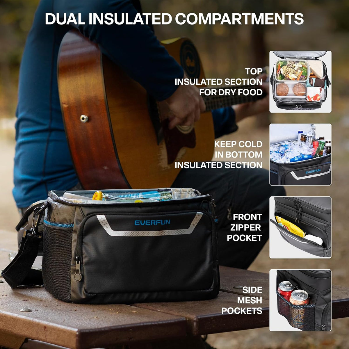 EVERFUN Cooler Bag Insulated Beach Cooler Lunch Bag Box for Men Women Dual Compartments Collapsible Waterproof Leak-Proof for Travel Work Picnic - PuriLite