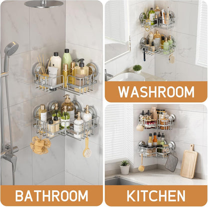 LEVERLOC Shower Caddy Suction Cup, 2 Pack Black Shower Shelf with Hooks and Soap Holder, NO-Drilling Bathroom Organizer, Rustproof Metal Bathroom Storage and Organization - PuriLite