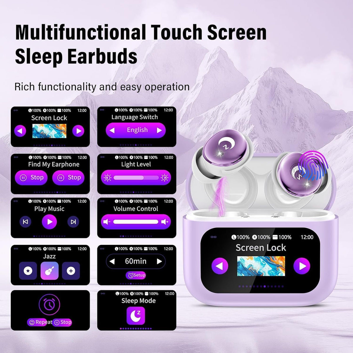 VEKJ Sleep Earbuds, Bluetooth 5.4 Mini Wireless Ear Euds with Multifunctional Touch Screen, 48H Bass Stereo Headphones with Sleep Mode/5 EQ Modes/ENC Noise Cancelling, IPX7 Earphones for iOS Android - PuriLite