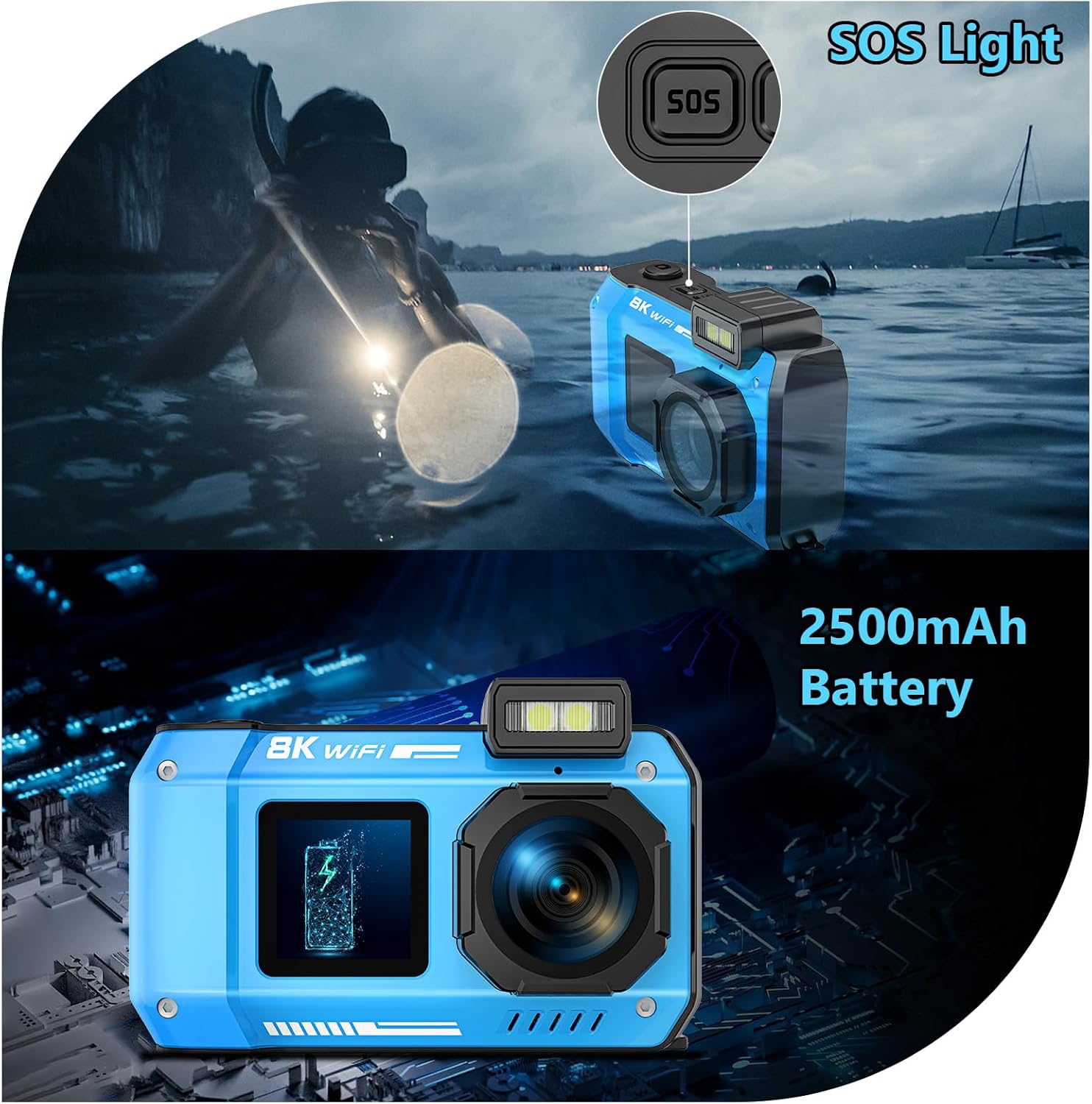 UHD 8K Underwater Camera, 70MP 33FT WiFi Waterproof Digital Camera with 64GB Card, Auto Focus Waterproof Dual-Screen Selfie 2500mAh Battery, 18X Floatable Digital for Snorkeling - PuriLite
