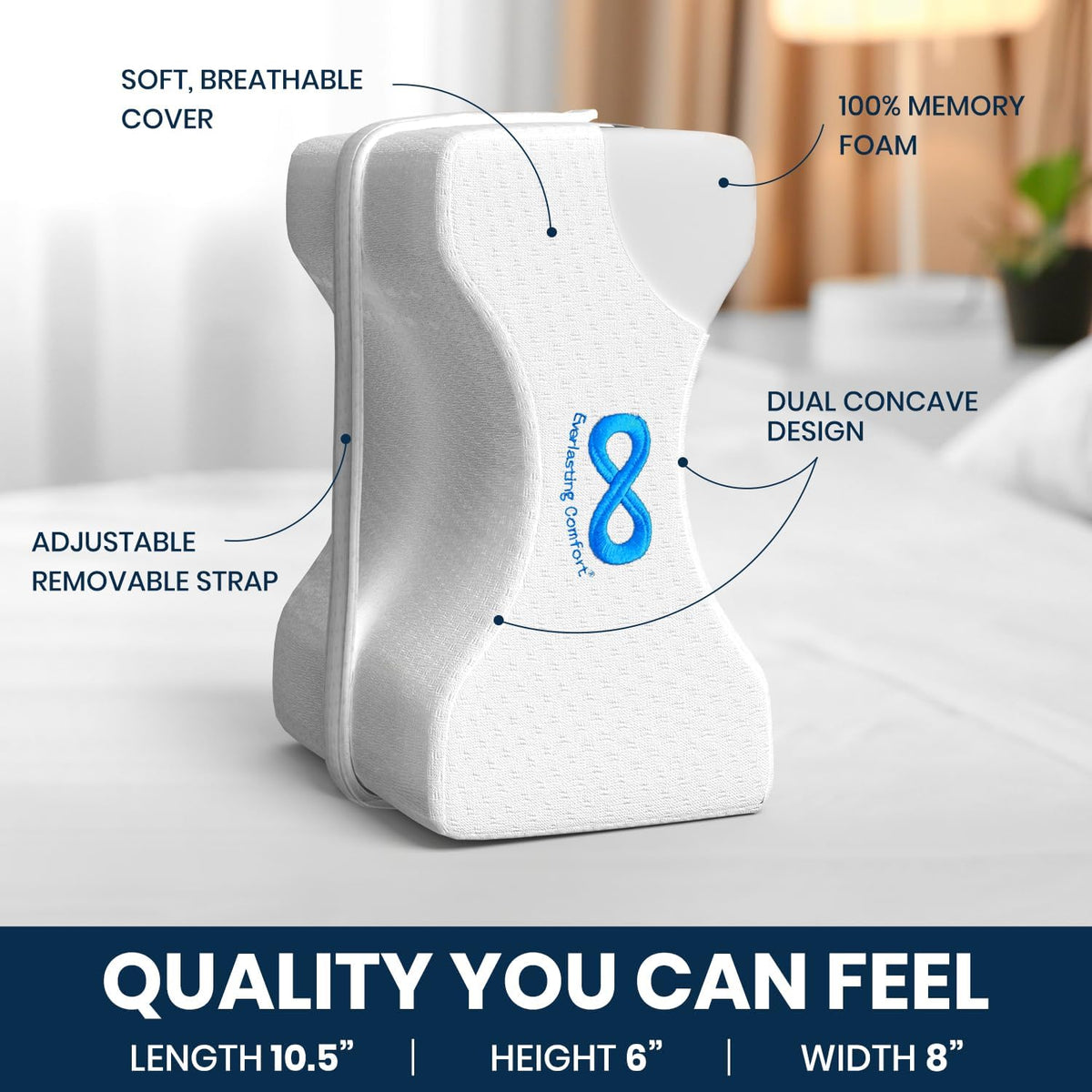 Memory Foam Knee Pillow for Side Sleepers with Adjustable Strap, Ergonomic Leg Support Pillow for Sleeping, Compact Knee Cushion with Washable Cover - PuriLite