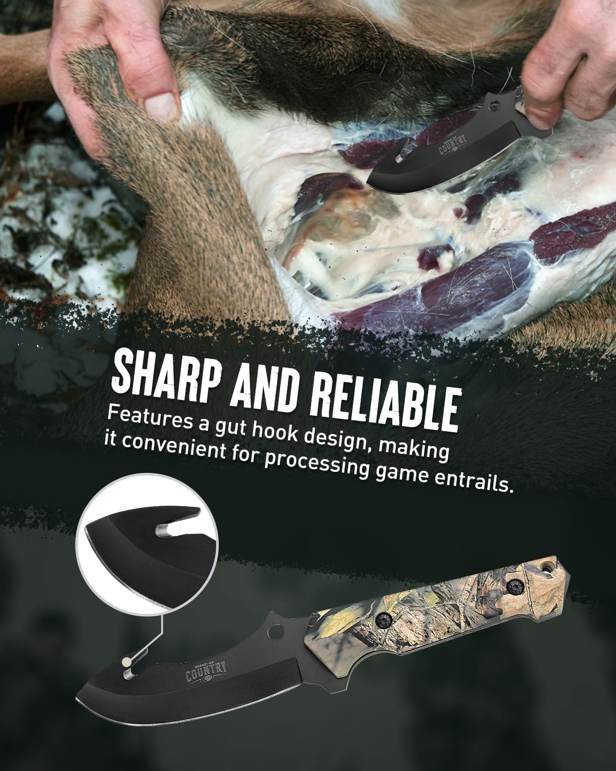 Mossy Oak 2-Piece Hunting Knives Gut Hook Set with Sheath Fixed Blade Stainless Steel Blades - PuriLite
