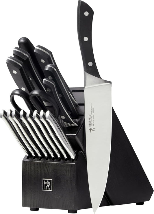 HENCKELS Aviara Premium Knife Block Set - 17 PC Professional Cutlery Knife Set, High Carbon Stainless Steel, Triple Rivet Handle, Chef Knife Set, Knife Set with Block for Kitchen, Black, 17 Piece - PuriLite