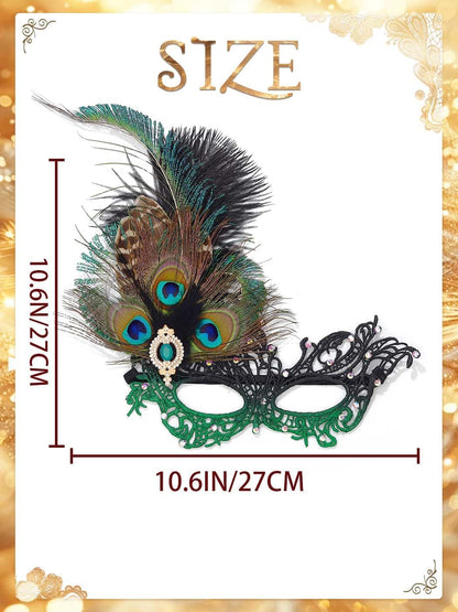 Campsis Peacock Feather Masquerade Mask Green Rhinestone Lace Mask for Women - PuriLite