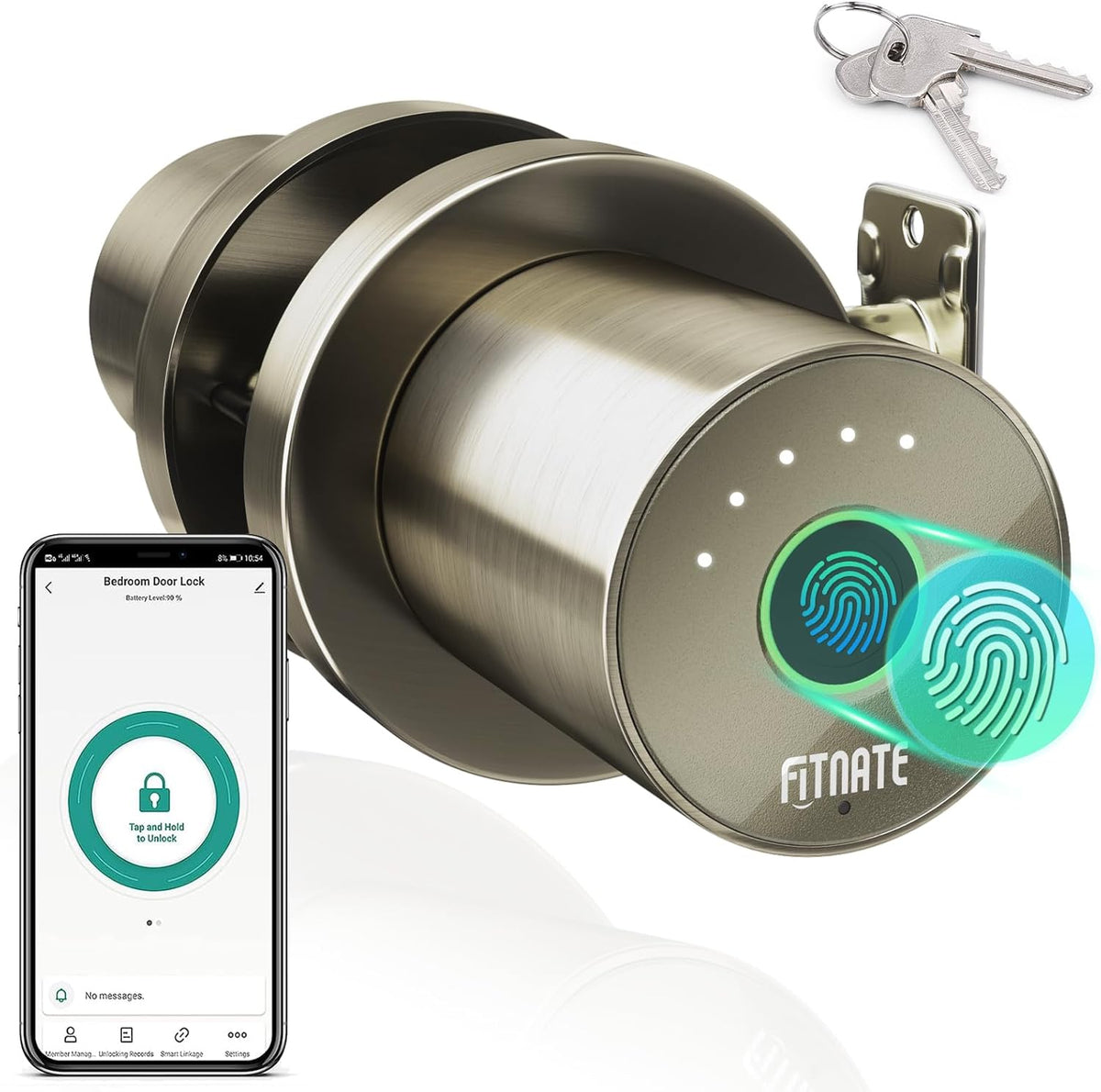 FITNATE Fingerprint Door Knob, Smart Biometric Door Lock with App Control, Keyless Entry Door Knob with Bluetooth Digital Code, Touch to Open Knob for Bedroom,Home,Hotel,Office, Black - PuriLite