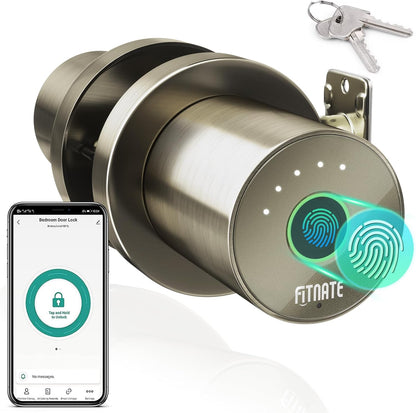FITNATE Fingerprint Door Knob, Smart Biometric Door Lock with App Control, Keyless Entry Door Knob with Bluetooth Digital Code, Touch to Open Knob for Bedroom,Home,Hotel,Office, Black - PuriLite