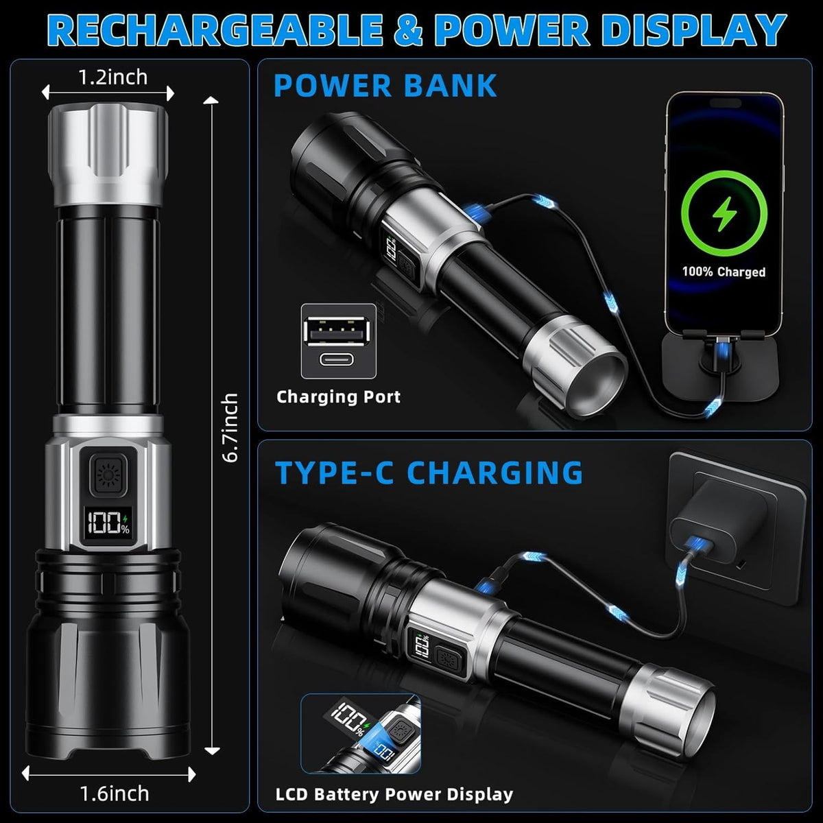 Flashlight Rechargeable 990000 High Lumens, Super Bright LED Flash Light with LCD Digital Display, Tactical Flashlights with IPX7 Waterproof, 6 Modes Brightest Flashlight for Camping, Emergency - PuriLite