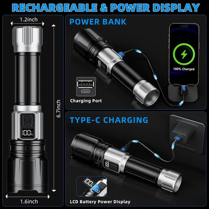 Flashlight Rechargeable 990000 High Lumens, Super Bright LED Flash Light with LCD Digital Display, Tactical Flashlights with IPX7 Waterproof, 6 Modes Brightest Flashlight for Camping, Emergency - PuriLite