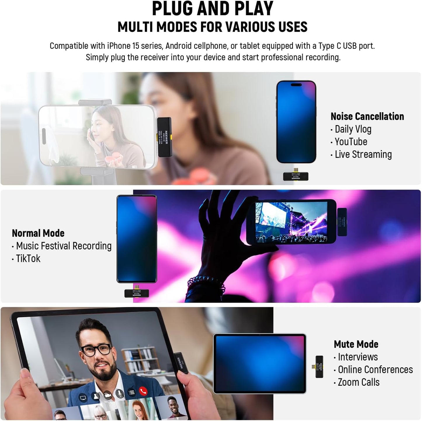 NEEWER CM28 Wireless Lavalier Microphone System with Charging Case, 1 Click Noise Canceling, 4GB Storage for 9Hrs of 48KHz 16 Bit Uncompressed Audio Lapel Mic Compatible with iPhone/Android/PC/Camera - PuriLite
