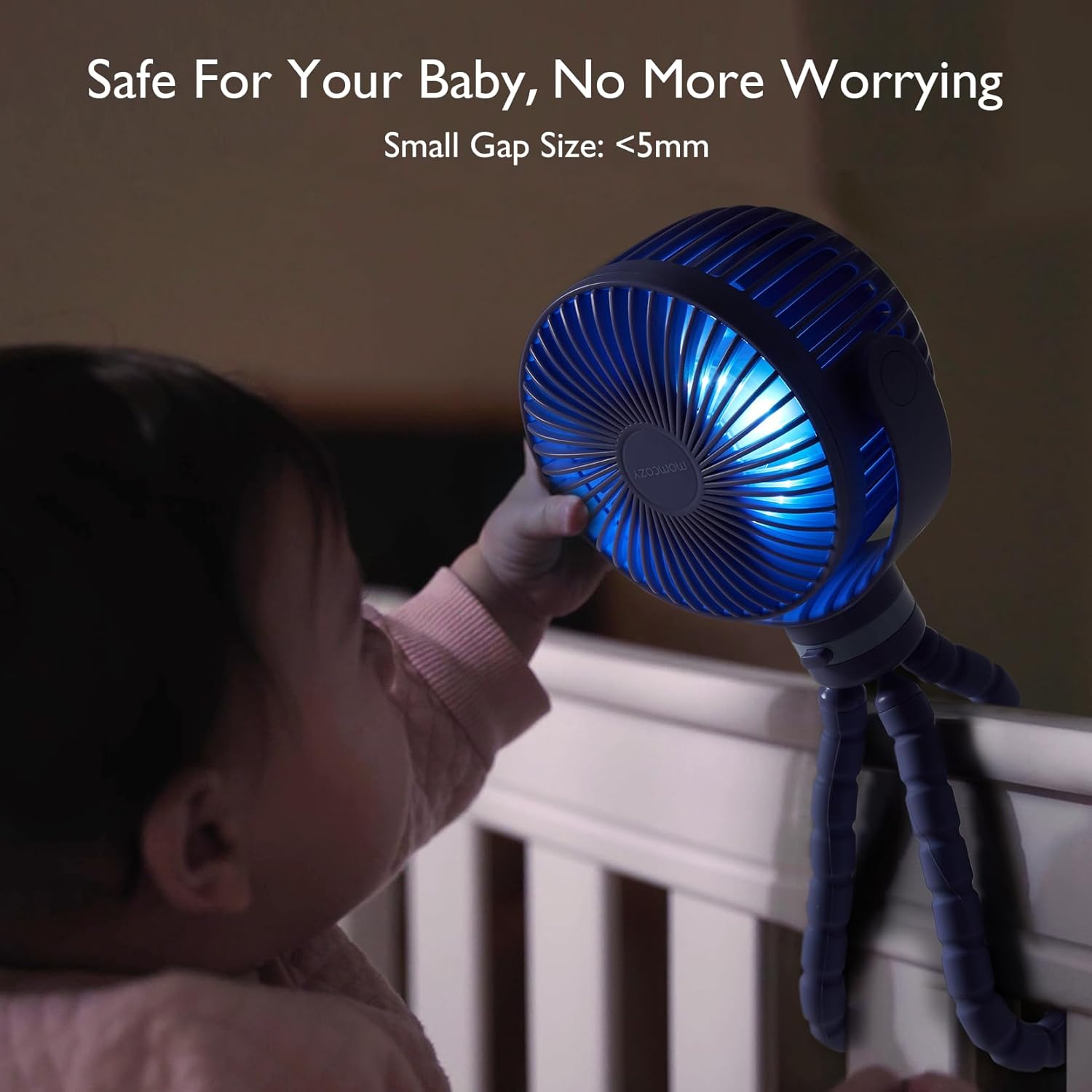 Momcozy Portable Stroller Fan, 27H Ultra-long Battery Life, Detachable 4 Speed 360°Rotate, LED Night Light with 2 Modes, USB Rechargeable and Handheld Cooling Fan for Travel, Car Seat - PuriLite