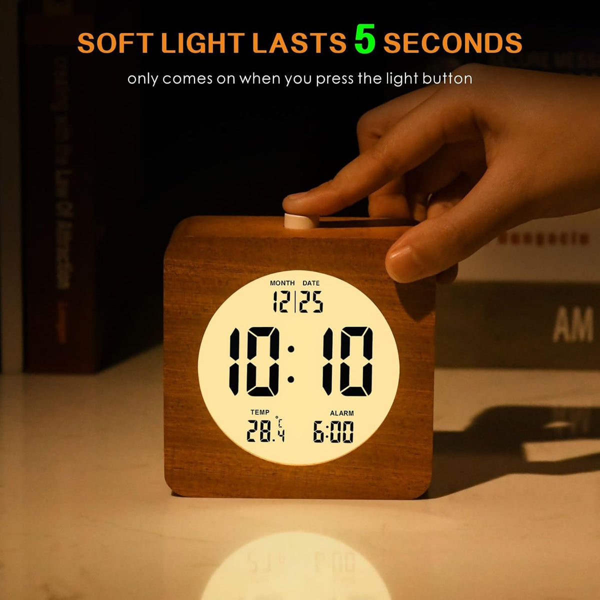 Plumeet Wooden Digital Alarm Clock for Bedrooms, Wood 4'' Battery Powered Alarm Clock with Snooze and Nightlight, Electronic LCD Desk Clock Display Time, Date, Temp, 12/24H, Wood Décor (Sapele, 3.2'') - PuriLite