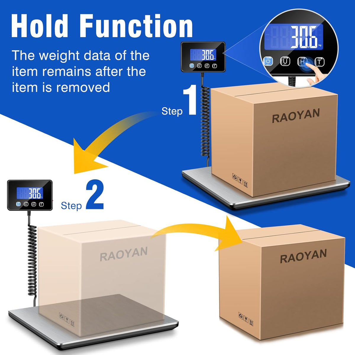 RAOYAN Shipping Scale, 660 lb / 1 oz High Accuracy Digital Postal Scale with LCD Display, Hold/Tare Function, Shipping Scale for Package, Luggage, Warehouse (Including 2 Batteries, Charging Cable) - PuriLite