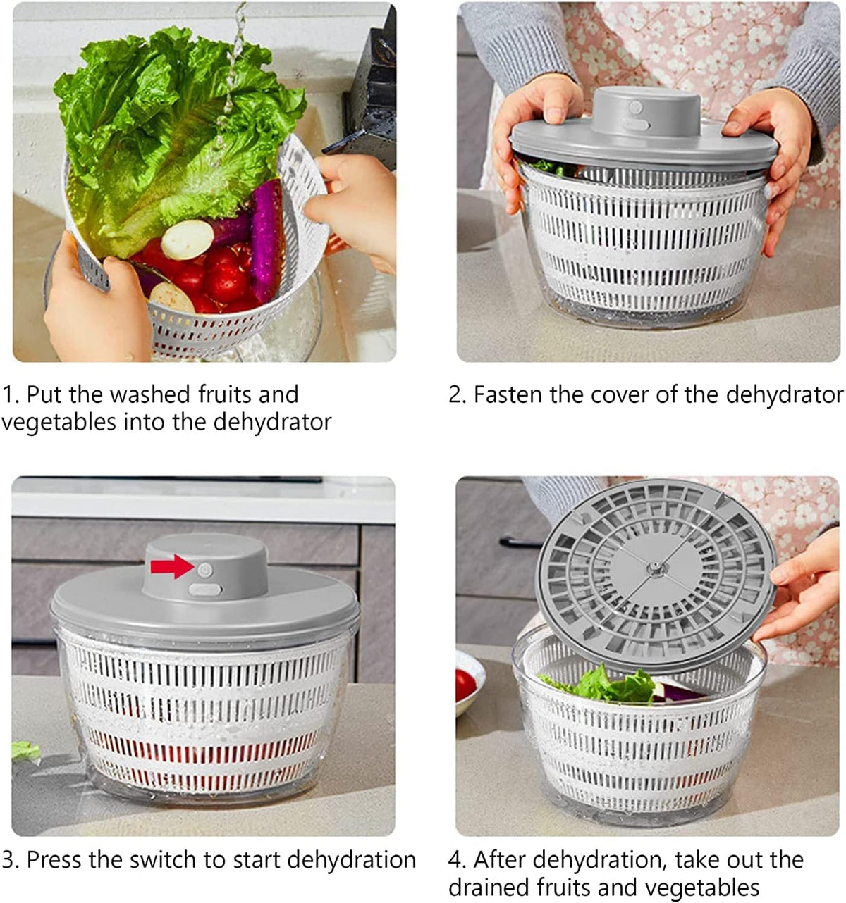 Electric Salad Spinner, 4L Wireless USB Salad Spinner Dehydrator for Fruit Vegetables, Large Capacity Salad Vegetable Dryer, Quick Drainage Electric Mixer White - PuriLite