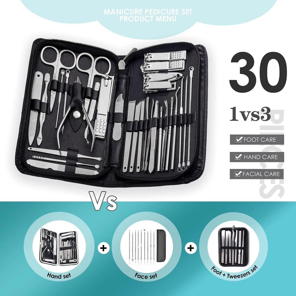 WOAMA Manicure Set 30 in 1 Nail Clipper Set Nail Kit for Women Men Stainless Steel Manicure Kit Professional with Travel Case - PuriLite