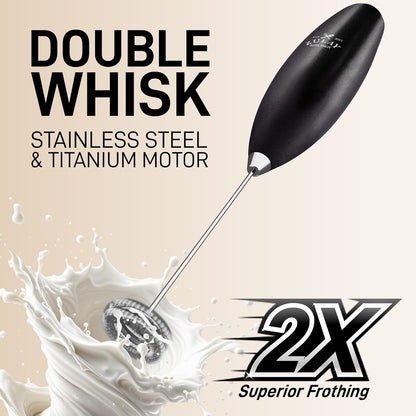 Zulay Kitchen Powerful Double Whisk Milk Frother Handheld - Foam Maker with Stand - Whisk Drink Mixer for Coffee, Mini Foamer for Latte, Matcha, Frappe, Hot Chocolate & Cappuccino (Black) - PuriLite