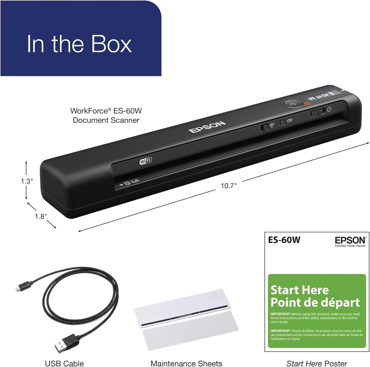 Epson WorkForce ES-50 Portable Sheet-fed Document Scanner for PC and Mac, Black - PuriLite
