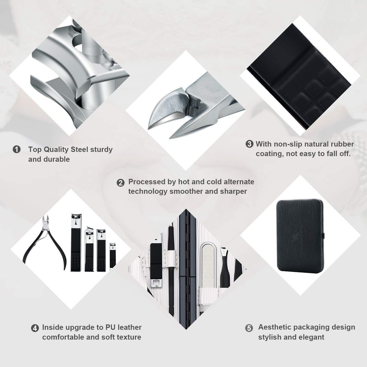 Keiby Citom Professional Stainless Steel Nail Clipper Travel & Grooming Kit Nail Tools Manicure & Pedicure Set of 18pcs with Luxurious Case (Black) - PuriLite